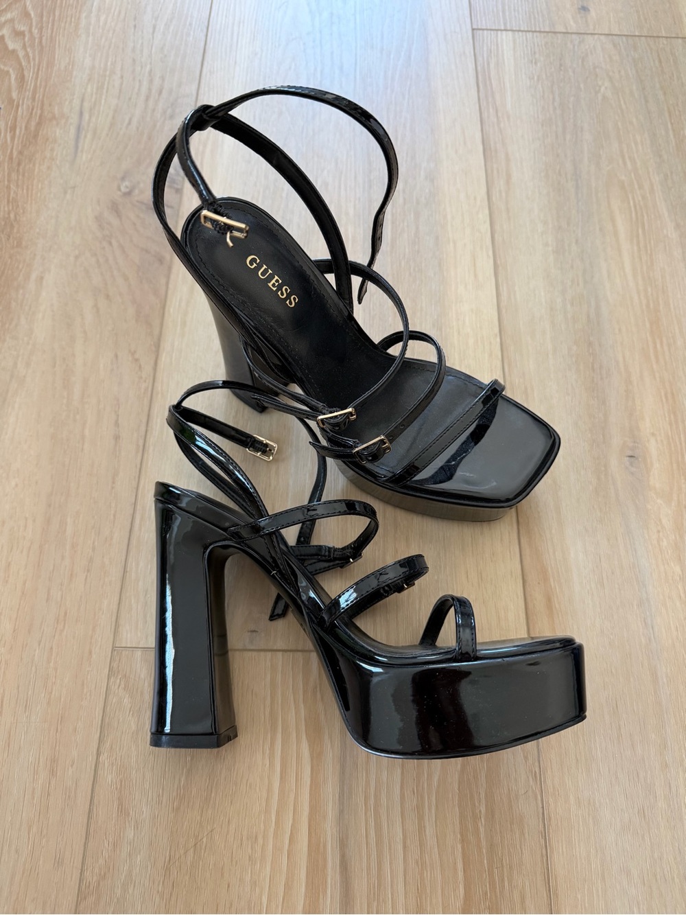 GUESS Black Patent Platform Strappy Block-Heel Sandals